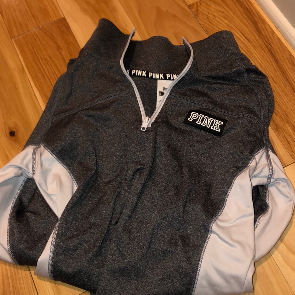 grey and white athletic 3/4 zip sweatshirt PINK